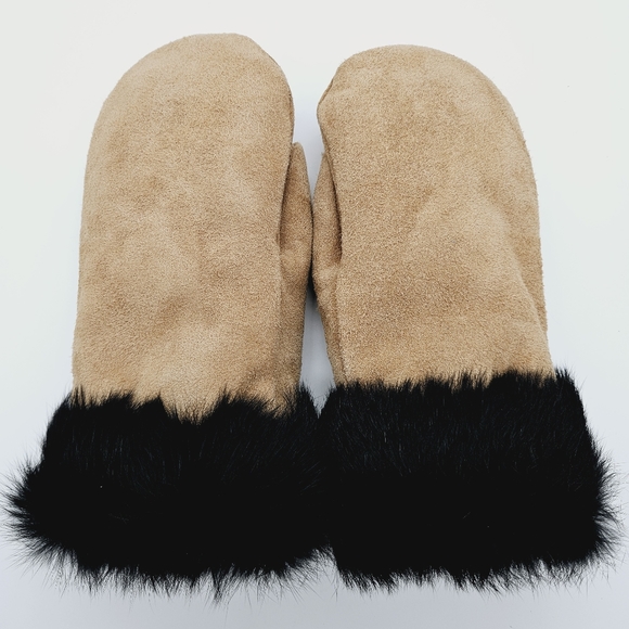 HANDMADE | suede leather fur trimmed plush lined winter mits mittens - Picture 2 of 7